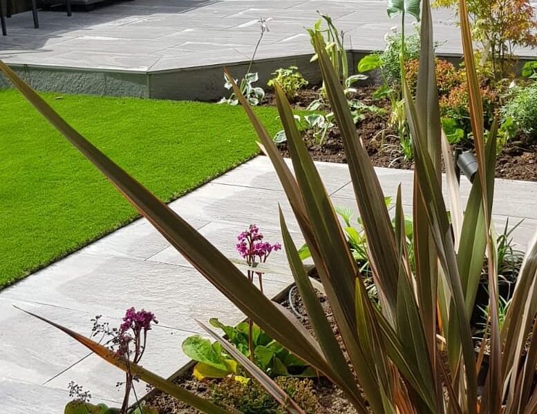 back garden with architectural planting and patios and paths made with ivory porcelain paving