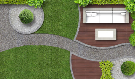 computer generated garden plans with decking, lawns and winding path