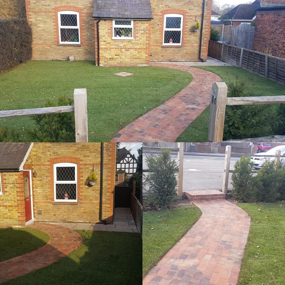 simple front garden design for a rented cottage with lawn either side of a winding brick path